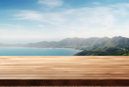 Empty wooden deck table top with sea and mountain background. For product displayの素材