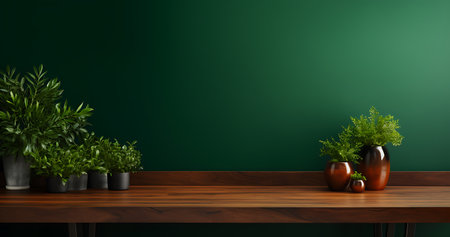 Wood table with plant pot on green wall background. 3d renderingの素材
