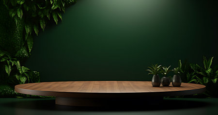 Wooden table with plants on green background. 3D rendering.の素材