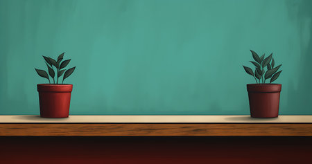 Illustration of a wooden shelf with plant pots on a green wall backgroundの素材