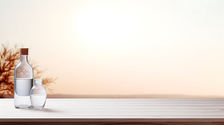 Glass bottle of water on a wooden table. 3d rendering.の素材