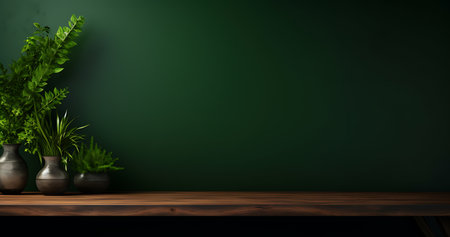 3D render of a dark green room with a wooden table and a vase of plantsの素材