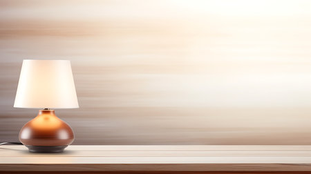 Table lamp on wooden table in front of blurred background. 3D Renderingの素材