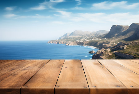 Wood table top on seascape background - can be used for display or montage your productsの素材