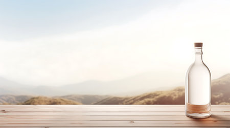 Bottle of vodka on wooden table with mountain view. 3D Renderingの素材