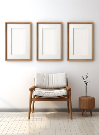 Interior of living room with three empty frames on wall, 3d renderの素材