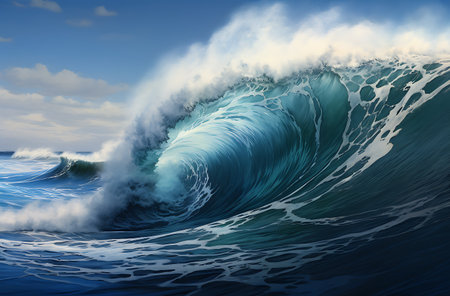 Blue ocean wave with foam and blue sky. 3d render illustrationの素材