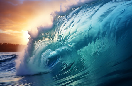 Surfing ocean wave at sunset time. Blue and green colors.の素材