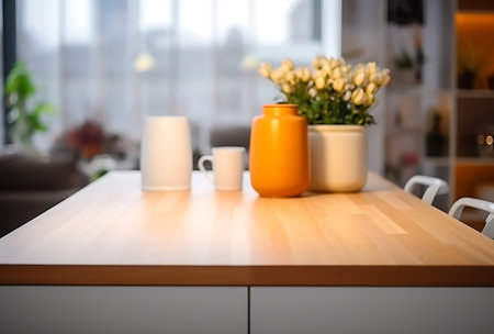 Close up of coffee cups and vase on wooden table in kitchenの素材