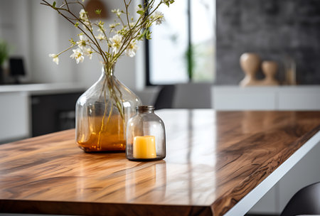 Candle and vase with flowers on wooden table in modern kitchenの素材