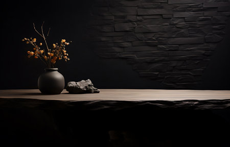 Still life with vase and stone on wooden table. Dark background.の素材