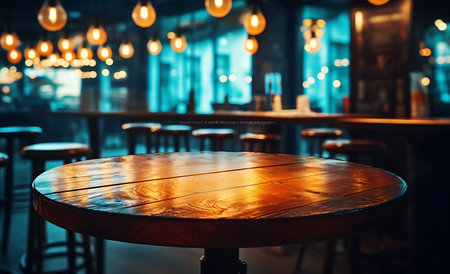 Empty wooden table in front of abstract blurred background of a cafe or restaurantの素材