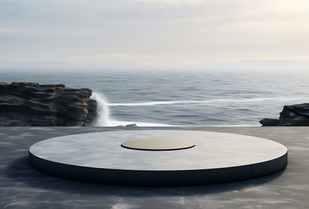 3d rendering of a round platform in the sea with waves in the backgroundの素材