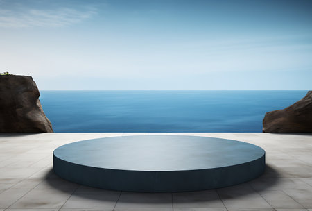 3d render of empty round podium in front of seascapeの素材