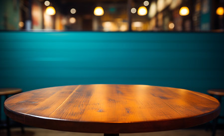Empty wooden table and Coffee shop blur background with bokeh image.の素材