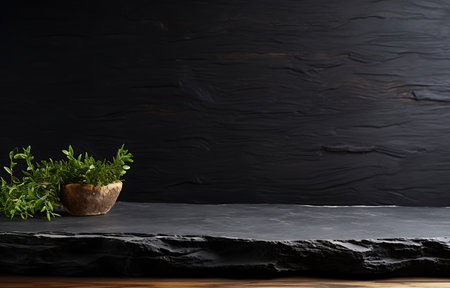 Black stone countertop with plant on black background.の素材