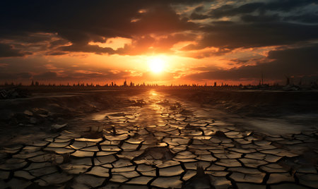 Dry land in the sunset. Global warming. Global warming conceptの素材