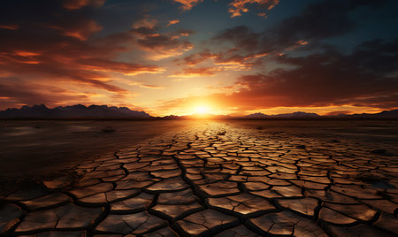 Dry lake with cracked soil at sunset. Global warming concept.の素材