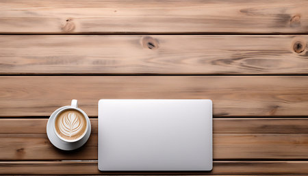 Top view of a cup of coffee and laptop on wooden table.の素材