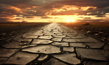 Dry cracked earth with sunset background. Global warming and climate change conceptの素材