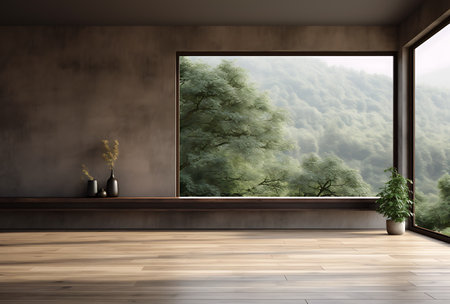 Interior of modern living room with wooden floor and concrete wall, panoramic window and plants. 3d renderingの素材