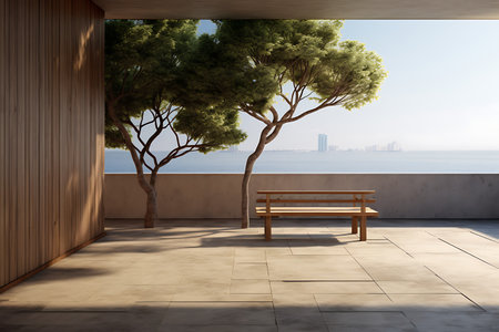 Wooden bench in a terrace overlooking the sea. 3d renderingの素材