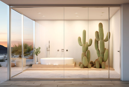 Interior of modern bathroom with white walls, concrete floor, comfortable white bathtub with round mirror and cactuses. 3d renderingの素材