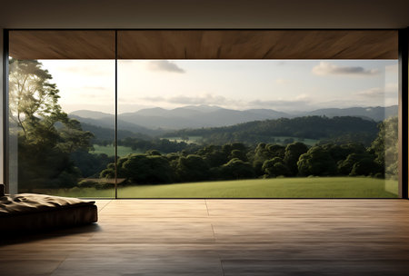 Wooden floor terrace with mountain view. 3D Renderingの素材