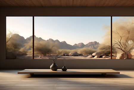 3D rendering of a living room with a view of the mountainsの素材