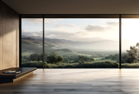 Interior of modern room with wooden floor, panoramic window and mountain view. 3d renderingの素材