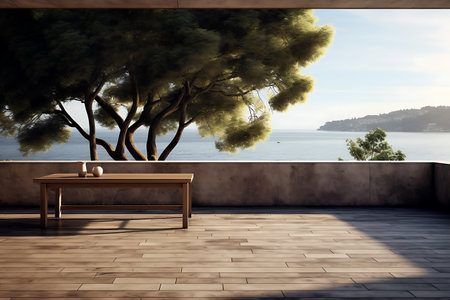 Wooden bench in the terrace overlooking the sea. 3d renderingの素材