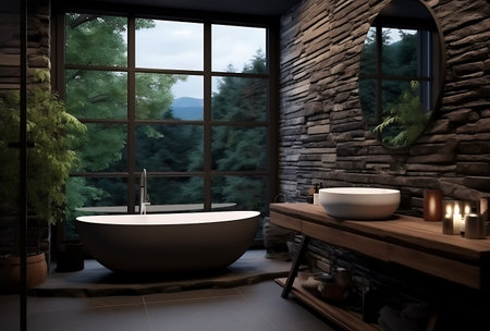 Bathroom interior with panoramic window. 3D Renderingの素材