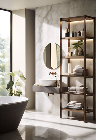Corner of modern bathroom with white and beige walls, tiled floor, comfortable bathtub and round mirror. 3d renderingの素材