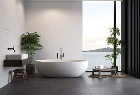 Interior of modern bathroom with white walls, concrete floor, comfortable white bathtub standing near the window and wooden chairs. 3d renderingの素材
