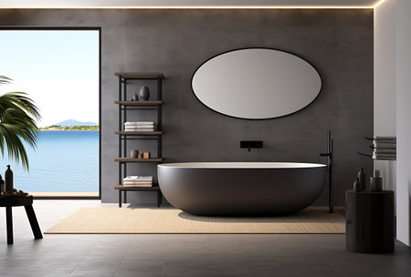Interior of modern bathroom with concrete walls, concrete floor, comfortable bathtub and round mirror above it. 3d renderingの素材