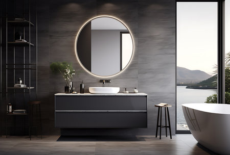 Interior of modern bathroom with gray walls, concrete floor, comfortable white bathtub and round mirror above it. 3d renderingの素材