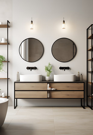 Bathroom interior with white walls, tiled floor, comfortable double sink and round mirrors on the wall. 3d renderingの素材