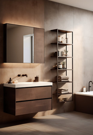 Interior of modern bathroom with brown walls, tiled floor, comfortable bathtub and double sink with mirror. 3d renderingの素材