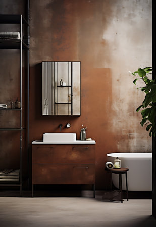 Bathroom interior with brown walls, concrete floor and white bathtub. 3d renderingの素材