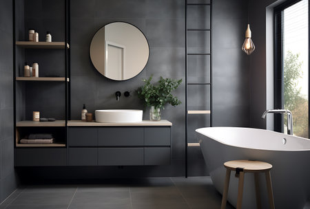 Interior of modern bathroom with dark gray walls, tiled floor, comfortable bathtub and round mirror above it. 3d renderingの素材