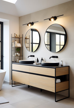 interior of modern bathroom with white walls, tiled floor, comfortable bathtub and double sinkの素材