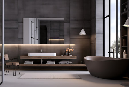 Corner of modern bathroom with gray walls, concrete floor, comfortable white bathtub standing near window. 3d renderingの素材