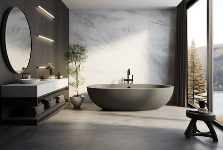 Interior of modern bathroom with white marble walls, concrete floor, comfortable bathtub and round mirror. 3d renderingの素材