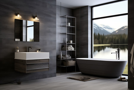 Interior of modern bathroom with gray walls, wooden floor, comfortable white bathtub standing near the window. 3d renderingの素材