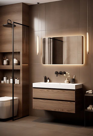 3d render of modern bathroom with brown tile wall and wooden floorの素材