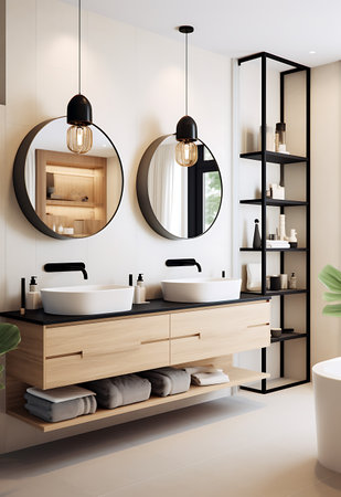 Interior of modern bathroom with white walls, tiled floor, comfortable bathtub with round mirror and black sink. 3d renderingの素材