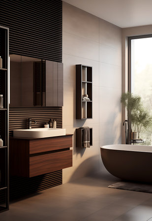 Bathroom interior with brown and white walls, tiled floor, comfortable bathtub and double sink. 3d renderingの素材