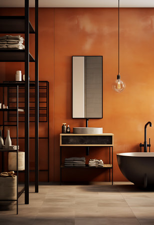 Interior of modern bathroom with orange walls, tiled floor, comfortable bathtub and round mirror. 3d renderingの素材