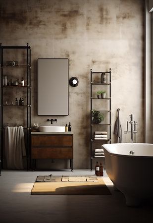 Bathroom interior with bathtub and shelf with towels. 3d renderの素材
