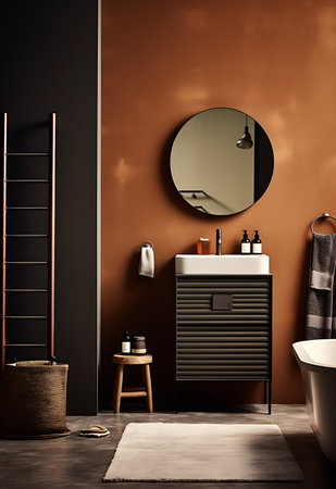 Interior of modern bathroom with brown walls, concrete floor, white bathtub and round mirror. 3d renderの素材